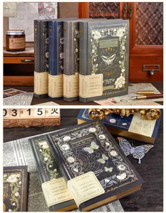 Detail view of vintage A5 hardcover notebooks with butterfly foil designs and gilded edges