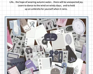 Macro detail of vintage scrapbook material pack featuring artistic paper stickers