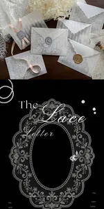 Detailed view of elegant semi-transparent sulfuric paper envelopes with white lace patterns