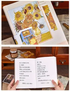 Detail view of A5 hardcover notebook with Van Gogh sunflower painting cover design.