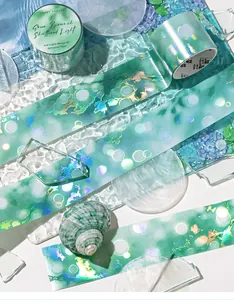 Detail view of PET holographic adhesive tape with shimmering green water wave patterns