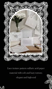 Close-up of translucent vellum envelopes with delicate white lace texture patterns