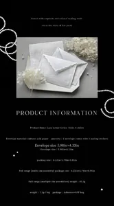 Detailed specifications for white lace pattern translucent sulfuric acid paper envelopes.