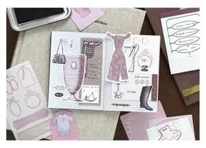 Detailed view of vintage scrapbook material kit with decorative stickers and collage paper