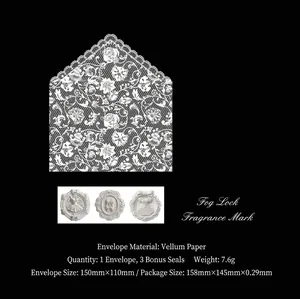 Detail view of vellum lace envelope set and three decorative sculptural seal stickers.