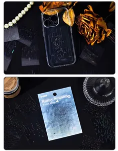 Macro view of Rainy Season holographic PET stickers applied to a clear phone case
