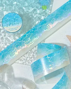 Detailed macro view of PET iridescent adhesive tape featuring blue sea wave patterns
