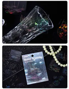 Detailed view of holographic rainy season theme PET stickers for scrapbooking collage.