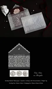 Detailed view of lace-patterned vellum envelope with embossed seal stickers