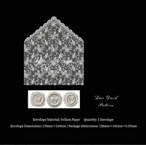 Macro detail of translucent vellum envelope set featuring white lace patterns and wax seal stickers