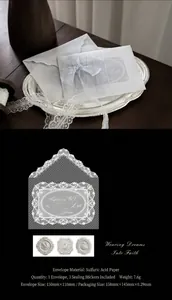 Detail of translucent vellum envelope with lace border and decorative wax seal stickers