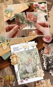 Detailed vintage scrapbooking paper and stickers with artistic butterfly and floral motifs