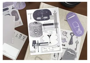 Detailed view of vintage scrapbooking stickers with retro hand-drawn illustrations
