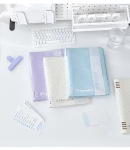 Assortiment B5 leren ringbanden met stippen in pasteltinten op een opgeruimd bureau