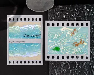 Macro detail view of PET iridescent tape featuring water wave and goldfish motifs