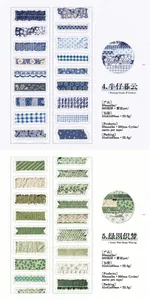 Detailansicht von blauem und grünem PET-Deko-Tape mit Produktspezifikationen.