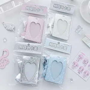Kawaii PU leather heart window card holder with bow decoration for student ID and cards