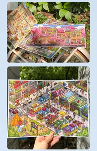 Macro view of high-quality 3D micro-miniature street scene stickers with vibrant art.
