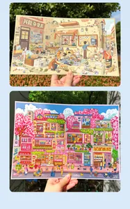 Detailed miniature scene stickers with vintage grocery and cherry blossom city street art