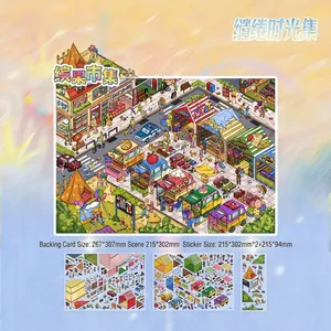 3D pixel style scene sticker set featuring a vibrant city market for creative DIY crafts