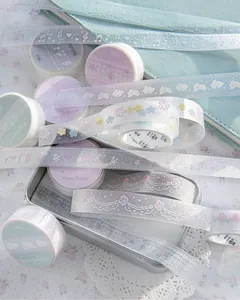 Close-up of glitter PET tape with pixel rose and rabbit patterns for DIY journaling
