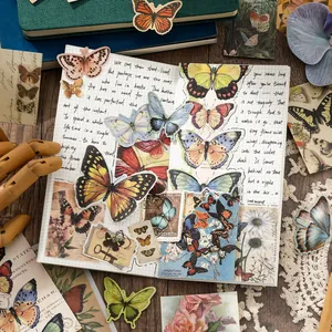 Vintage butterfly sticker set for scrapbooking with multiple colors and retro stamps.