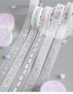 Detailed view of shimmer PET decorative tapes with rose, rabbit, and lace patterns.