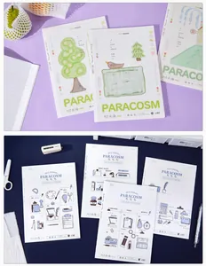 Close-up of B5 lined notebooks with PARACOSM spring theme illustrations and glue binding.