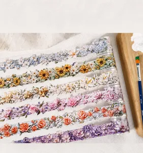 Detailed macro view of 3D embossed floral PET tape with thick oil painting texture