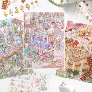 Lot de 3 Feuilles Autocollants Scénographie Argent Laser Architecture Rétro PET Papier Cartonné Matériel Collage Scrapbooking DIY