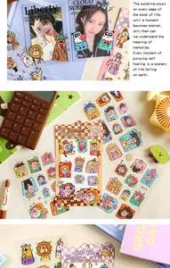 Close-up detail of whimsical cartoon character stickers for journal DIY decoration