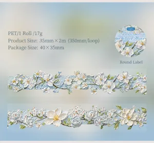 Close-up detail of embossed floral PET tape with elegant blue oil painting texture pattern