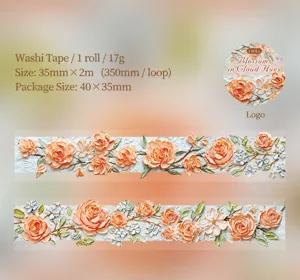 Detailed macro view of orange oil painting style floral relief PET tape with specs.