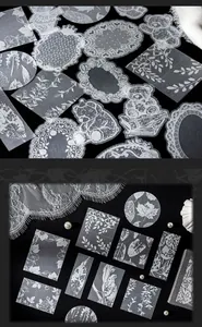 Detailed view of vintage white lace and floral vellum stickers for scrapbooking DIY