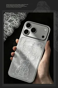 Detail view of vellum sticker with white lace and cute bear on a silver phone case