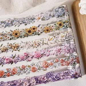 Ruban PET Floral en Relief 3D Vintage Texture Peinture à l'Huile Autocollants Décoratifs pour Scrapbooking DIY Journaling Art Artisanat