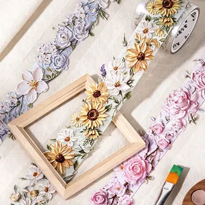 Ruban PET à fleurs en relief avec texture de peinture à l'huile pour scrapbooking
