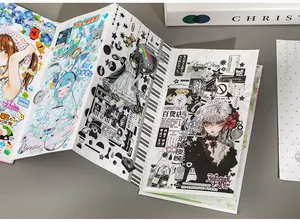 Detailansicht von Falt-Scrapbook-Papier mit verschiedenen Anime-Stil-Dekorationsmustern.