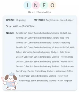 Especificaciones de parches bordados de dibujos animados en varios temas dulces.