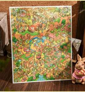 Primo piano di un foglio di adesivi con un'illustrazione dettagliata di un mondo in miniatura.