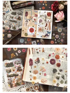 Gedetailleerde macro-opname van vintage botanische PET-stickers voor DIY-journaaldecoratie