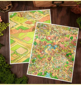 Vista dettagliata di simpatici adesivi paesaggistici in miniatura con illustrazioni di cartoni.