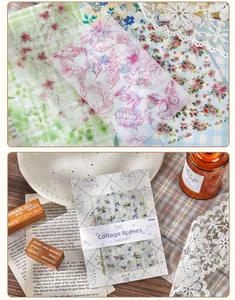 Close-up detail van bloemrijk vintage scrapbookingpapier met Cottage Scenes verpakking