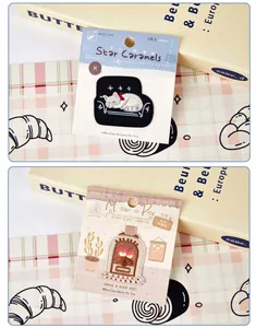 Detailed macro view of cute cat and vintage fireplace embroidery patches on retail cards.