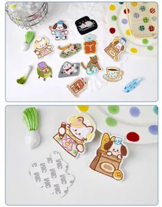 Detailed view of cute cartoon cat and dog embroidered patches for DIY clothing decor