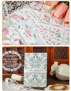 Close-up detail of floral pattern scrapbooking paper with vintage style packaging