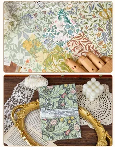Detailed macro view of vintage floral scrapbooking paper with decorative lace props