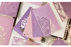 Detailed view of purple laser-cut lace paper with floral and butterfly patterns for journaling