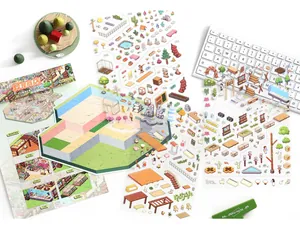 Detailed view of miniature landscaping stickers with various furniture and plant elements.