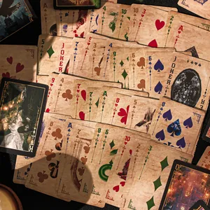 Vintage fantasy playing cards with aged parchment texture and artistic mystery illustrations